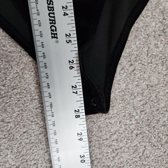 Forever 21 Black Velour Bodysuit with Deep V-Neck Lace, Cross Back Straps - Picture 11 of 11